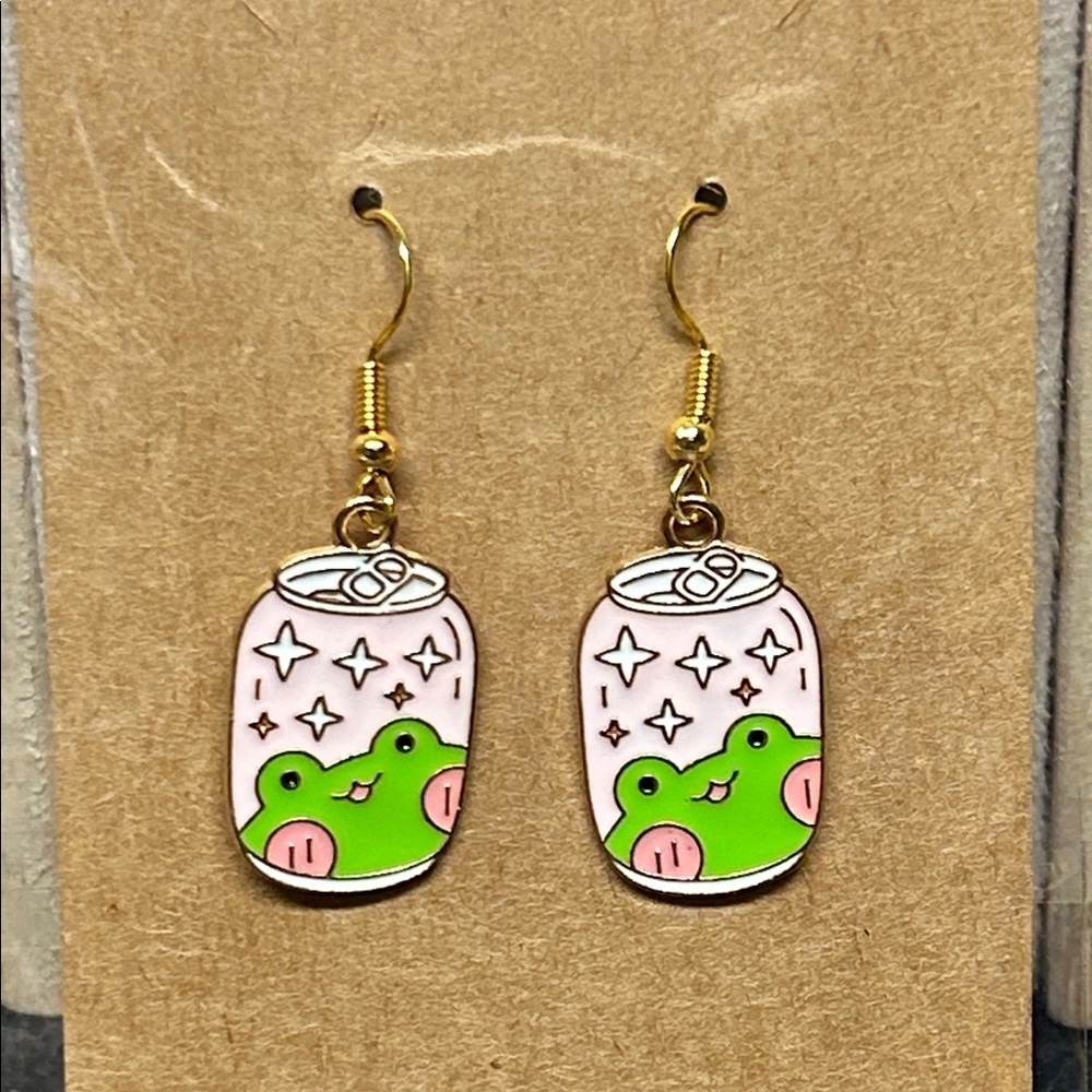 Cute Green Frog Bubble Tea Soda Can Dangle Earrings